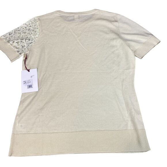 Lewit Sweater Womens Sz 1 Beige Merino Wool Lace Short Sleeve Crew Neck Pullover - Picture 5 of 11